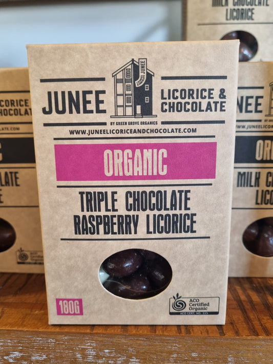 Junee Licorice & Chocolate Triple Chocolate Raspberry Licorice (180g)