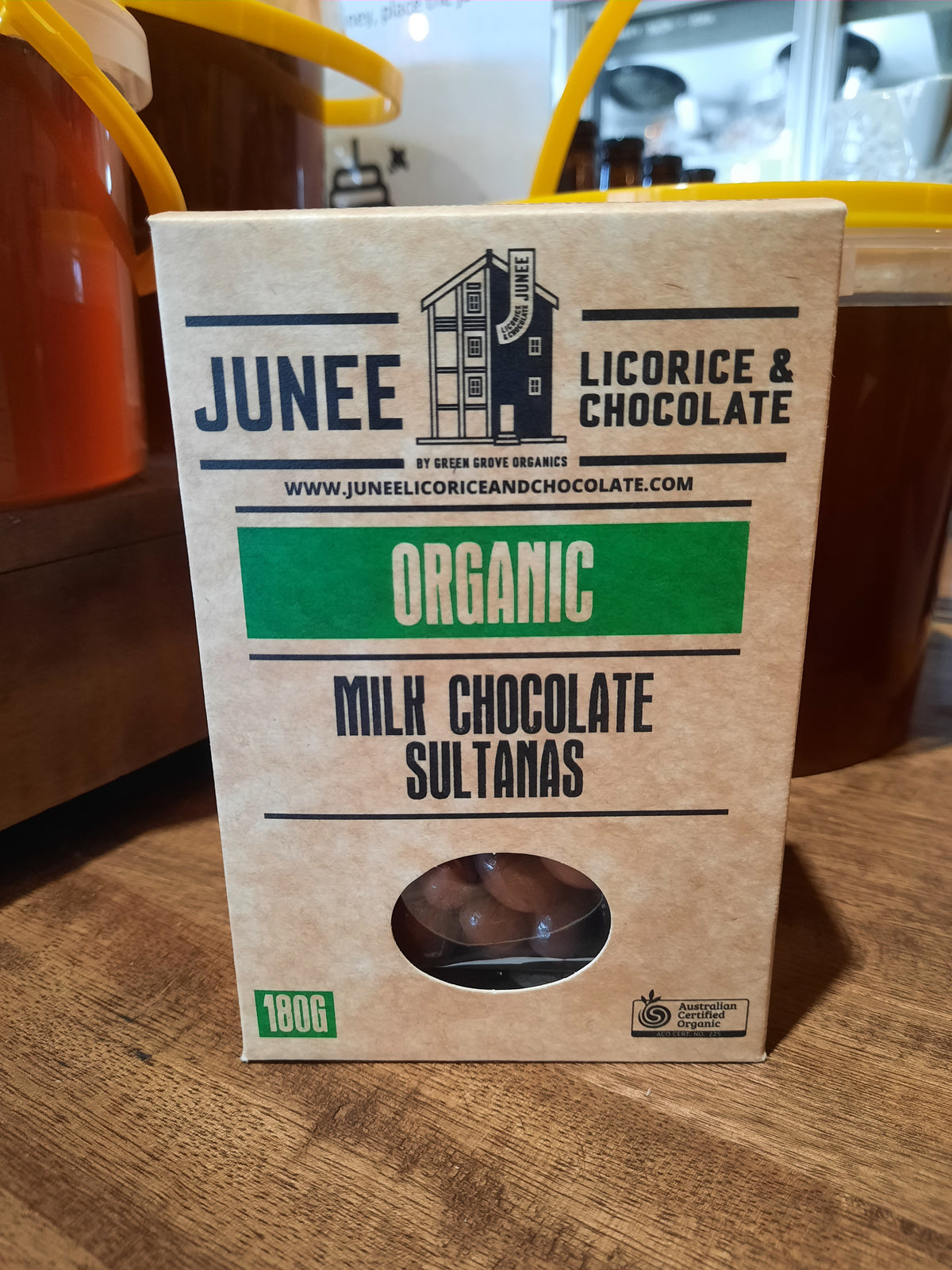 Junee Licorice & Chocolate Milk Chocolate Coated Sultanas (180g)