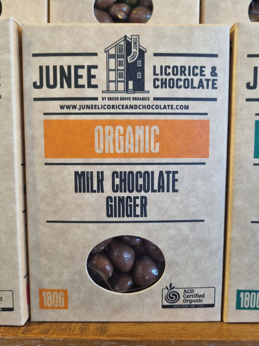 Junee Licorice & Chocolate Milk Chocolate Coated Ginger (180g)